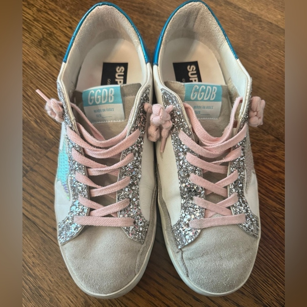 EUC Golden Goose Super Star sneakers sz 38 pink turquoise glitter RARE HTF